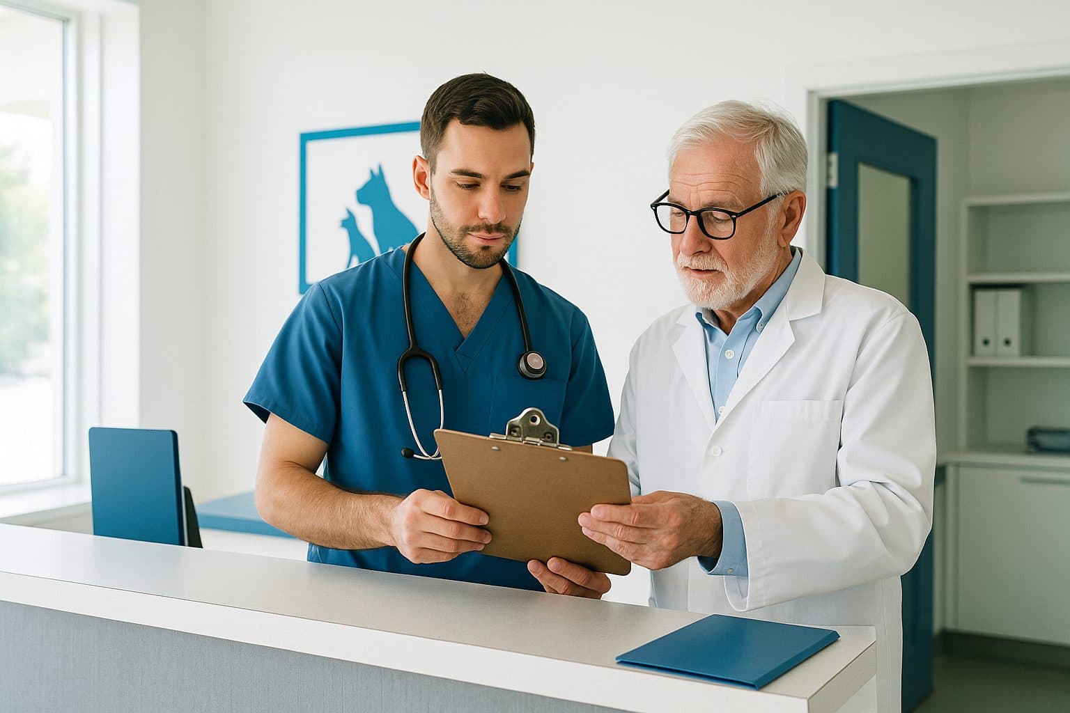 A veterinary student and an owner-veterinarian reviewing a clipboard together at a practice front desk